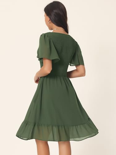 Image of Seta T Women's Summer Chiffon Dresses Smocked V Neck Flutter Short Sleeve Flowy Casual Dress with Pockets