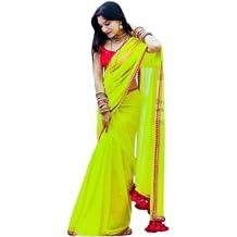 DREAM STYLE Womens Plain Solid Soft Georgette Lace Saree With Unstitched Blouse Piece