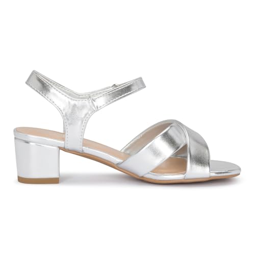 Image of STYLISH S KHLOE-K Little Girls Round Open Toe Criss Cross Ankle Hook and Loop Strap Low Block Heel Dress Sandals