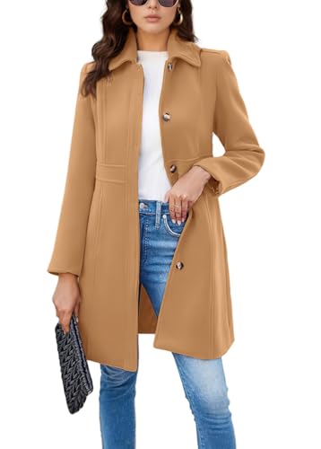 chouyatou Women's Single Breasted Button Up Wool Coat Winter Casual Midi Long Wool Blend Trench Coat