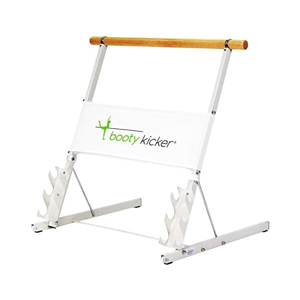 Booty Kicker – Home Fitness Exercise Barre, Folds Flat, Portable, Storable, Strong Angular Design for Pushing, Pulling, Balance & Ballet Exercises, wood, steel, nickle, Perfect for Barre Workouts