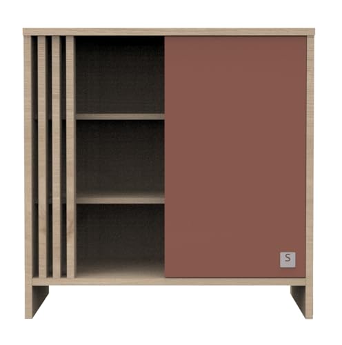 Sauthon Commode 1 Porte colorée et 3 niches avec Claustra en Bois décor chêne Suave