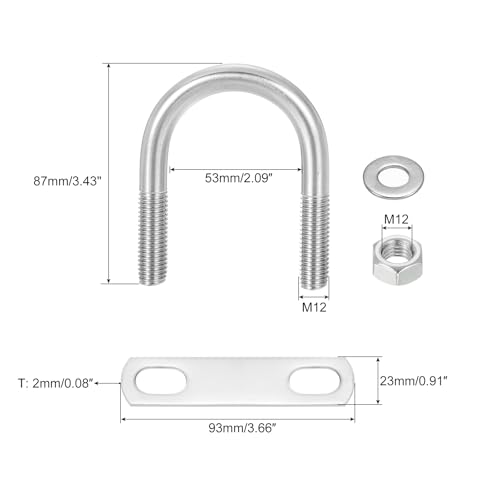 Image of uxcell Round U-Bolts, 4 Sets 53mm(2.09 inch) Inner Width 87mm Length M12 304 Stainless Steel U Clamp Bolt with Nuts and Plates, for Boat Trailer