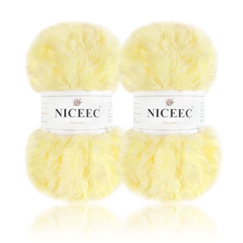 Image of NICEEC 2 Skeins Faux Fur Yarn Super Soft, Chunky & Fluffy, Eyelash Yarn for Crochet & Knitting (Total Length 70yds,3.53oz) - Light Yellow