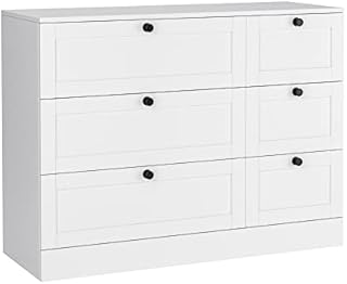 HOCSOK Chest of Drawers, Wooden Bedroom Cabinet with 6 Drawers, White Storage Drawer Chest for Livingroom, 108x40x82 cm
