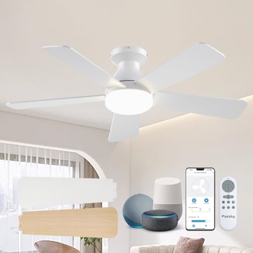 Image of Passky 42 Inch Smart Ceiling Fans with Lights, Low Profile, Alexa, White | Remote /Alexa Voice Control, 6 speeds, Dimmable 3CCT Light, Quiet Reversible DC Motor, Timer, Memory, Flush Mount for Bedrooms