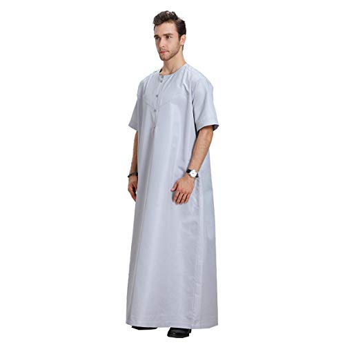 Men Arabic Short Sleeve Pure Color Thobe Crew Neck Kaftan Robe with Button for Summer4