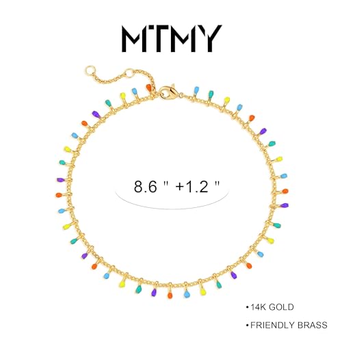 Image of MTMY Gold Anklets for Women 14K Gold Plated Tiny Bead Anklet Colorful Tassel Foot Chain Dainty Adjustable Cute Summer Beach Boho Anklets Jewelry Gift