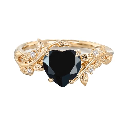10K/14K/18K Solid Gold 1 Carat Heart Gemstone Vintage Engagement Ring for Women Nature Inspired Birthstone Leaf Vine Art Deco Wedding Promise Anniversary Rings for Her Wife Bridal Size 4~12