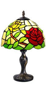 Image of 8'' Stained Glass Table Lamp, Vintage Desk Bedside Night Light | Stained Glass Crystal Bead Style Table Light, Handmade Antique Art Craft Gifts, for Living Room Bedroom Bookcase (A Rose)