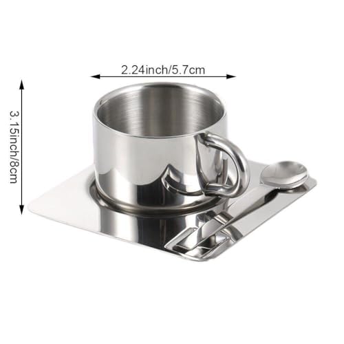 Dianzan Stainless Steel Coffee Mug Set, 175ml Double Wall Coffee Mug with Saucer Cup Spoon Handle Metal Coffee Tea Cup Set for Home Cafe - Image 6