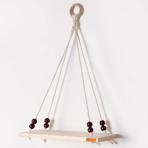 Image of Boho Wooden Hanging Shelf with Beads & Macrame Rope, Adhesive Wall Hook| Rustic Swing Wall Art for Plants, Living Room, Bedroom | Pine Wood, Handcrafted