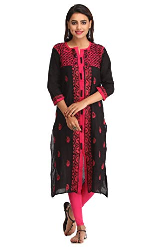 Image of Ada Women Hand Embroidered Lucknow Chikankari Cotton Regular Fit Kurti Kurta A228599 Black (Small)