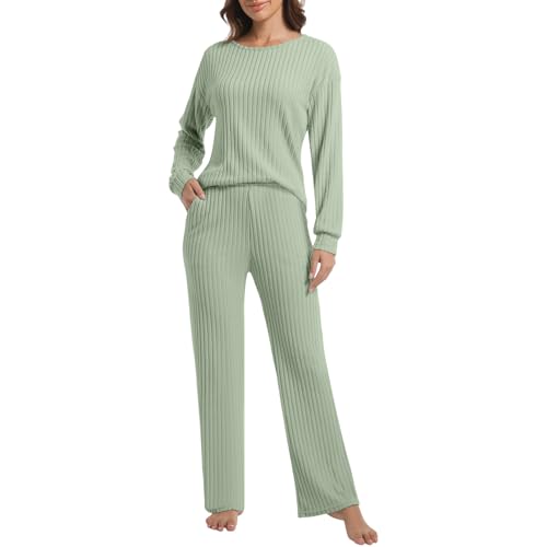 BOSECETA 2 Piece Lounge Pajamas for Women Set Casual Ribbed Long Sleeve Matching Set Pj Outfit Fall...
