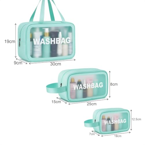 Image of Makeup Pouch Bag PVC Travel Toiletries Organizer Cosmetic Bags Wash Bag Pouch for Travel Kit Toiletry Bag Portable Organizer Case Carry Pouch for Women Bathroom Set of 3 (Green)