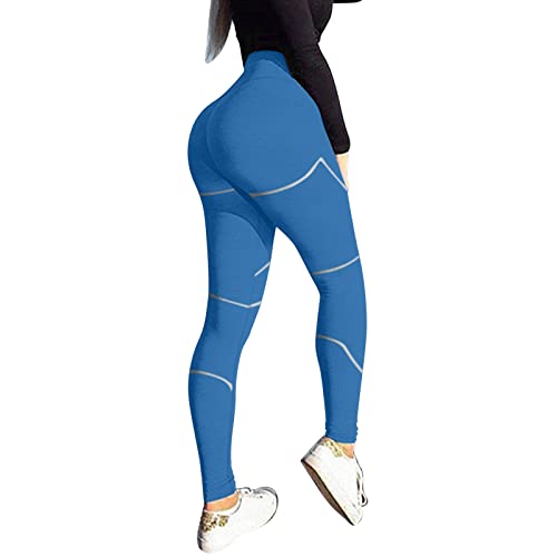 OYZ Leggings de yoga para mujer, hasta el tobillo, pantalones para correr, deportes, cintura alta, leggings de fitness, pantalones de yoga, Costuras de rayas azules, 42