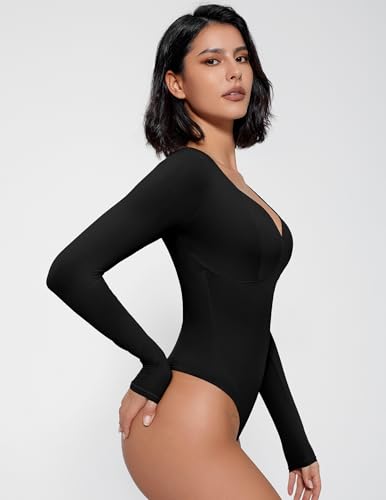 Avidlove Bodysuit for Women Long Sleeve Double Lined Tank Top V Neck Bodysuit Tummy Control Shapewear3