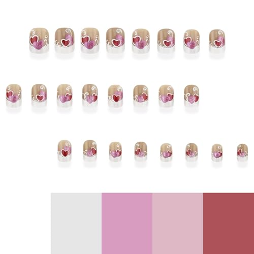 Valentines Press on Nails Short Square Fake Nails With Red Pink Glitter Love Heart Designs White French Tip False Nails Acrylic Stick on Nails Romantic Nails for Women 24 Pcs