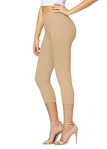 Premium Ultra Soft Womens High Waisted Capri Leggings in Solids and Prints - Cropped Length - Capri Length Nude Beige Khaki - One Size