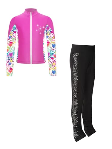 Kids Girls Skating Workout Gymnastics Outfits Zipper Jacket Shirts with Shiny Rhinestones Skinny Pants Set3