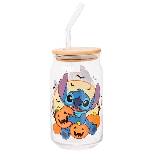 Silver Buffalo Disney Lilo and Stitch Halloween Spooky Pumpkin Patch Jack-O-Lantern Glass Jar Tumbler with Bamboo Lid and Glass Straw, 16 Ounces