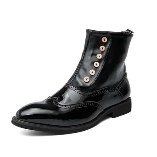 Mens Patent Leather High-Top Pull On Brogue Ankle Boots Pointed Toe Chunky Heels Non-Slip Casual Shoes for Business Casual Dress Prom Party
