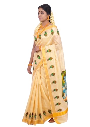 Image of Women's Mural Printed Kerala Gold Tissue Saree with Running Blouse Piece | Traditional South Indian Ethnic Saree for Festivals, Weddings & Special Occasions