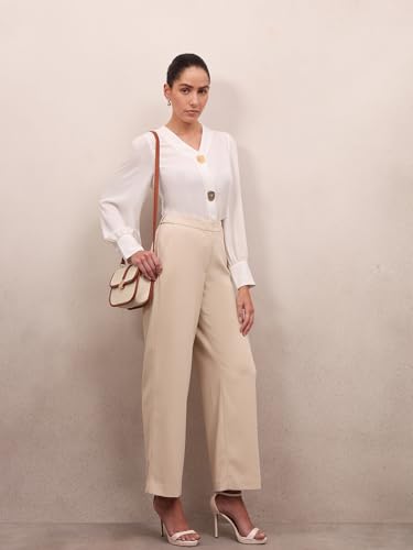 Image of VERO Moda Women's Relaxed 'Desk-to-Dinner' Straight Fit High Rise Stretch Formal Trousers | Formal Pants for Women