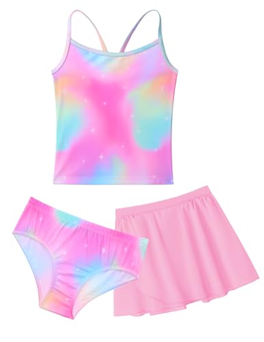 Girls Swimsuit 3 Piece Sleeveless Bathing Suit Sets with Skirt Swimwear Rash Guard for Kids Beach UPF 50+ Sun Protection