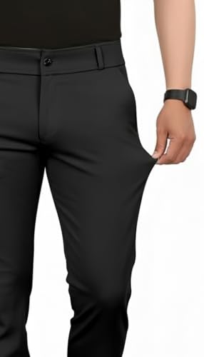 Image of Mehrang Men's Slim Fit Casual Mid Rise Trousers, Cotton Blend, Side Pockets || Classic Slim Fit Chino Pants || Business Casual Dress Trousers