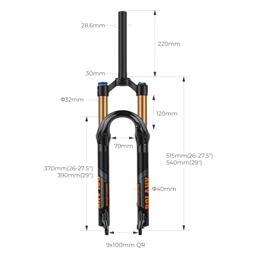 BOLANY 27.5/29Zoll MTB Luftgabel, 120mm Federweg Fahrrad-Federgabel 28.6mm (1-1/8inch) 220mm Gewindefreier gerader Gabelschaft 9x100mm QR Scheibenbremsversion