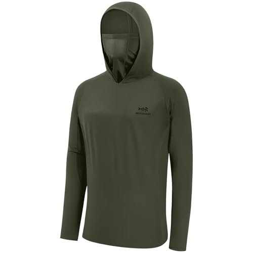 BASSDASH UPF 50+ Men&rsquo;s Long Sleeve Fishing Shirt with Mask UV Neck Gaiter Hoodie Olive Green