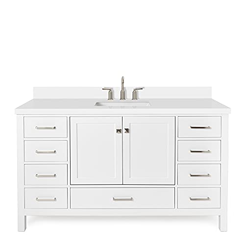 ARIEL 61´´ White Bathroom Vanity with 1.5´´ Edge Pure White Quartz Countertop & Backsplash, Center Rectangular Sink, 4 Soft Closing Doors, 6 Full Extension Dovetail Drawers, Brushed Nickel