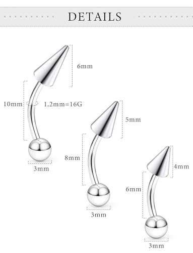 Angel Bites Piercing Jewelry Surgical Steel Vertical Labret Lip Jewelry 16G Snake Bites Piercing Jewelry Curved Barbell Long Spike Eyebrow Rings for Women Men 16g 6mm/8mm/10mm2
