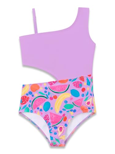 Image of Dvenki Big Girls Asymmetric Cutout Swimsuit Adjustable Straps Sizes 6X-16 | color block, leopard, tropical prints, front lined swimwear, removable pads, suitable for beach, vacation, pool play