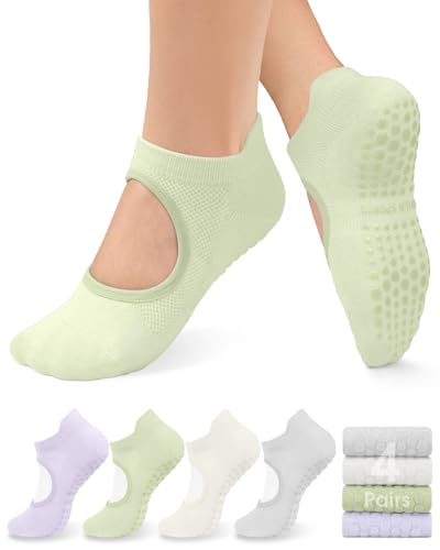 Image of yeuG Pilates Socks for Women Non Slip Grip Socks for Yoga, Barre, Hospital, Barefoot Grippy Yoga Sock Womens Gifts 4 Pairs