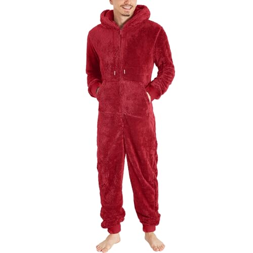 Pijamas de Manga Larga de Lana Artificial para Hombre, Mono Informal con Cremallera de Color sólido, Mono Suelto con Capucha, Pijamas Informales, Rompe cálido de Invierno, Traje de Mono Hombre Trabajo