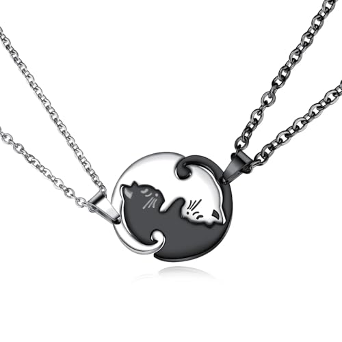 Collier en argent sterling puzzle cœur chat noir pour BFF