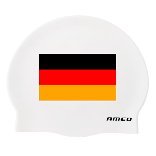 AMEO Silikon-Badekappe SR Flat Germany Flag – Swim Cap elastisch & strapazierfähig – Ideal für alle Kopfgrößen – wasserdichte Schwimmhaube mit Deutschland Flagge, White