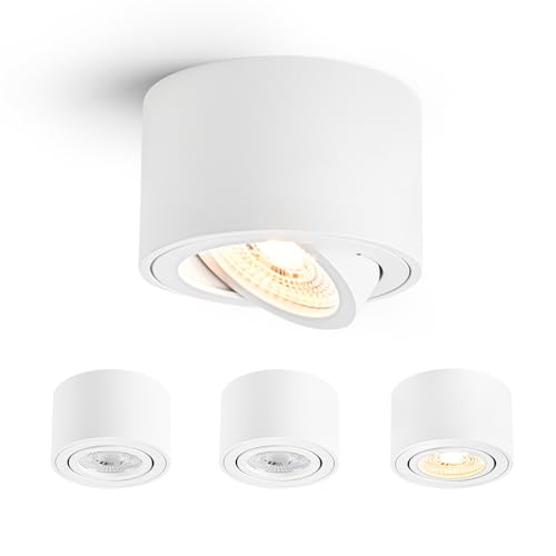 Gleonlux LED Aufbauspot extra flach Weiß, Ø80x50mm Deckenspots 5W LED Modul Warmweiß 3000K. Aufbaustrahler 30° schwenkbar Aluminium, Deckenleuchte 230V Aufbauleuchte, Aufputz Spots Rund, 4 Stück