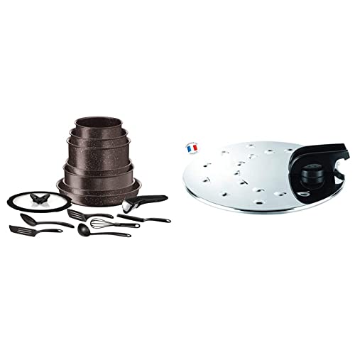 Tefal Ingenio Extreme effet pierre Batterie de cuisine 15 pièces, Poêles 22/24/28cm, Casseroles 16/20/22cm, Sauteuse 24cm, Couvercle L6789102 & L9939822 Ingenio Couvercle Antiprojection 20-28 cm