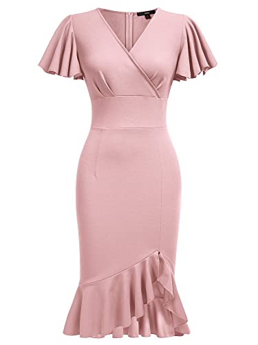 Knitee Women's Retro V Neck Ruffle Sleeves Evening Cocktail Slit Formal Dress Pink Large #TOP4