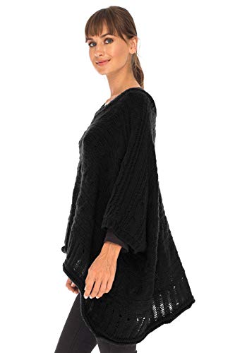 Image of SHU-SHI Womens Oversized Cable Knit Sweater Cowl Neck Sleeved Poncho Topper Boho Casual