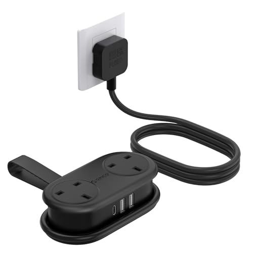 ORICO Travel Extension Lead with USB Slots 2 Outlets 3 USB Ports (1 USB C) 3250W 13A Socket Extensions Rollable Extension Cord for Travel/Home/Office Essentials Cruise Approved Power Strip-Black