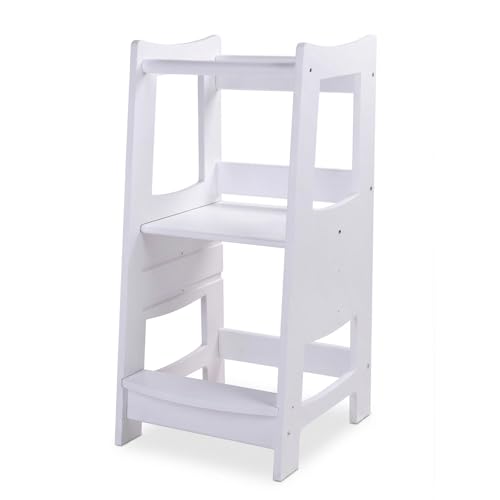Image of EGREE Toddlers Kitchen Step Stool with Safety Rail Kids Wooden Standing Tower for Kitchen Counter and Bathroom Sink, 3 Heights Adjustable Step Up Stool Mothers' Helper, Solid Wood Construction, White
