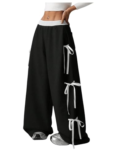 SHENHE Women's Wide Leg Baggy Sweatpants Elastic Waist Tie Bow Pants Loose Long Pants