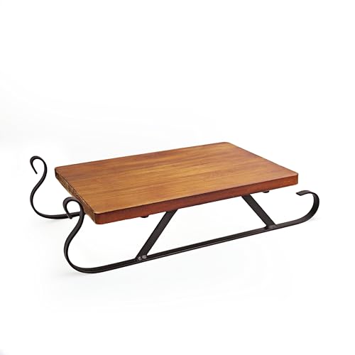 Remenna Christmas Sleigh Serving Board, 15 inch Metal and Wood Decorative Platter, Holiday Tabletop Decor