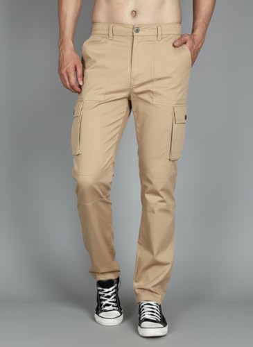 Image of Vogaan Men's Cotton Cargo Pants | Casual Trousers for Men | Comfortable Lower for Men | Breathable Pants with 6 Pockets & Drawstring Elastic Waistband