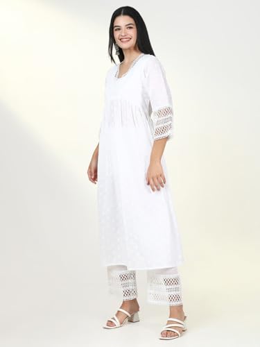 Image of SHOWOFFFF Women Solid Three-Piece Anarkali Festive Kurta Set | V Neck 3 /4th Sleeves Cotton Kurta Set for Womens | Mid-Rise Regular Fit Calf Length Kurta Set for Women's