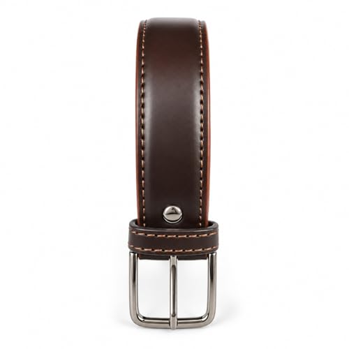 Image of Men's Leather Belt, Black, Silver-Tone Buckle, Stitched Edges, Formal Dress Style